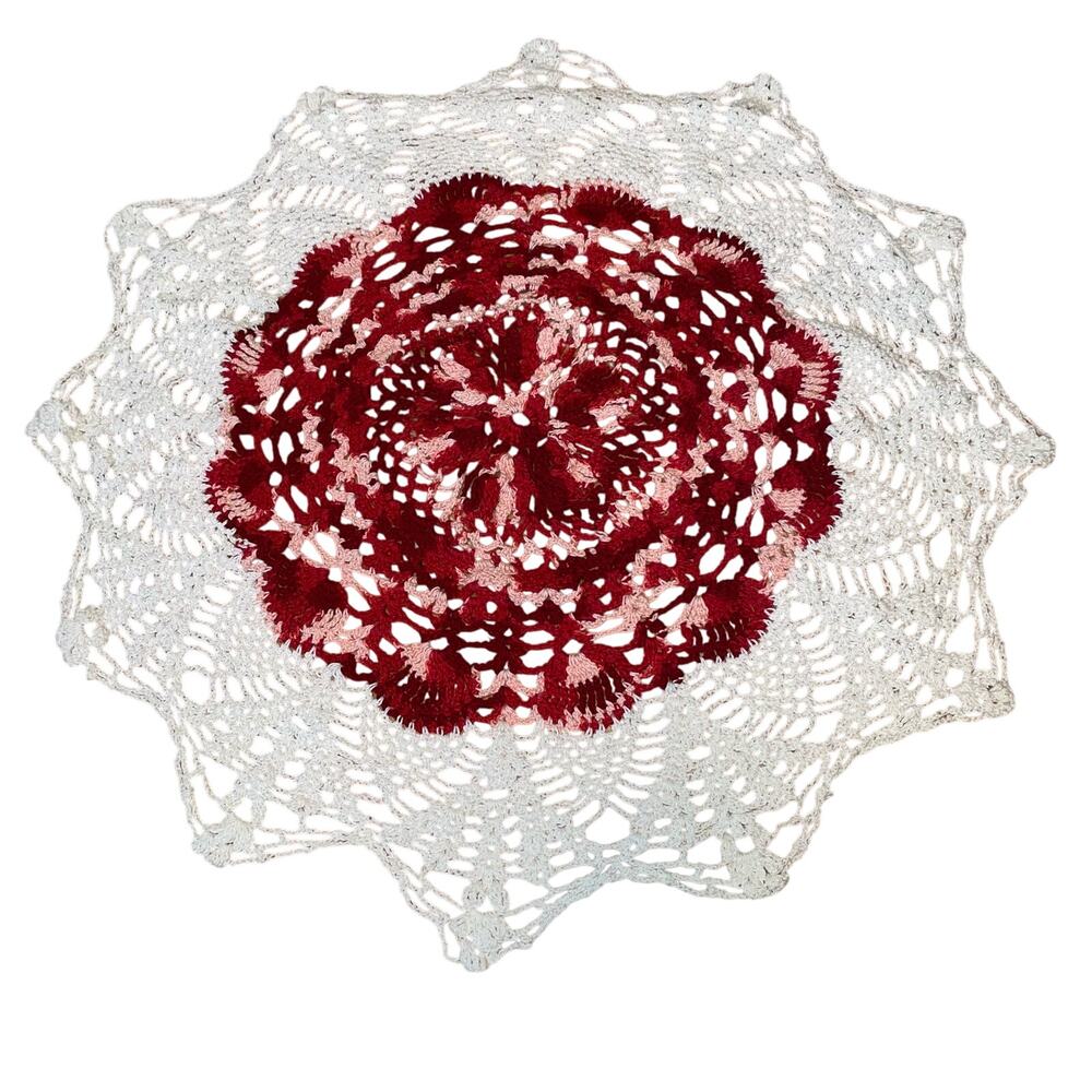 White and Red Vintage Crochet Doily Handmade Flower Tabletop Home Decor Accent